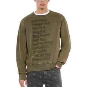 The Kooples Olive Green Crewneck Sweatshirt w/printed Patchwork Detail Large NWT